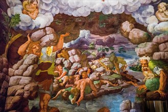 Most famous fresco of Mannerism: Giulio Romano's illusion invents a dome and dissolves the architecture of the room into the fall of the giants