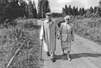 Old couple walking hand in hand on forest path