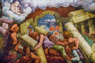 Most famous fresco of Mannerism: Giulio Romano's illusion invents a dome and dissolves the architecture of the room into the fall of the giants