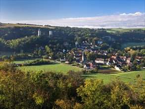 Saaleck village and castle ruins in the Saale valley in autumn