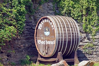 Large wine barrel standing against a stone wall