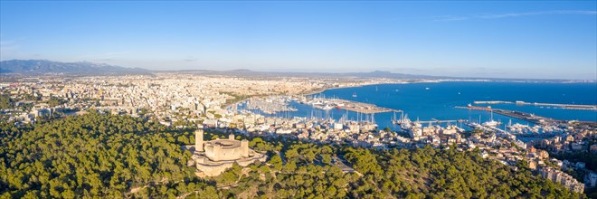 Castell de Bellver castle with harbour holiday travel aerial panorama in Palma de Majorca