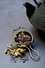 Tea blend in tea strainer