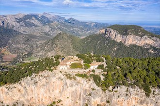 Ruin of the castle Castell Alaro in Majorca landscape mountains mountain holiday travel aerial photo in Alaro