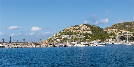 Marina harbour with boats holiday travel town on Majorca panorama