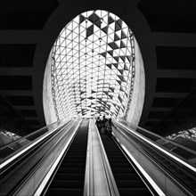 People on escalator with modern skylight