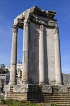 Partially restored historic cella of Temple of the Vesta on brick foundation wall