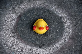 Yellow rubber duck sitting in a circle on the floor