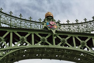 Ornate bridge gate with coat of arms and St. Stephen's crown