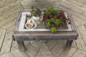Rustic grey weathered wooden coffee table with old tea kettle