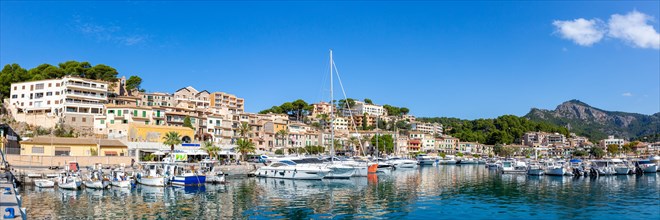 Port with boats holiday travel town panorama in Majorca in Port de Soller