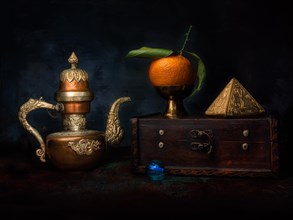 Still life with mandarin and gilded pyramid on wooden box