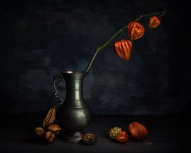 Still life with physalis in pewter jug