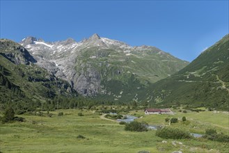 Landscape of the Rhone Valley with the Rhone River in front of the massif of the Rhone Glacier