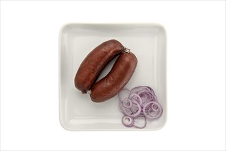 Blood sausage with onion slices on a plate