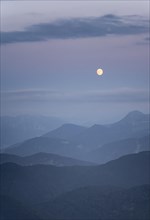 View from the summit of Benediktenwand at sunset with moon