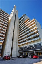 High-rise building with concrete balconies