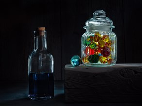 Still life with glass bottle