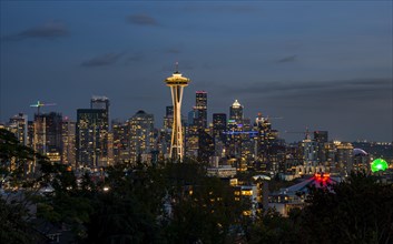 View over illuminated skyscrapers of Seattle