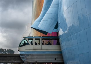 Monorail train runs through museum