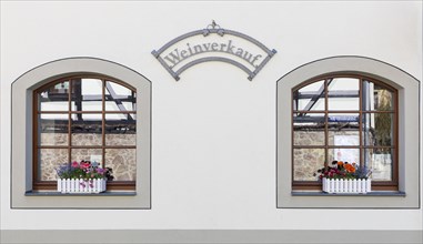 Wine sales sign and two windows with flower boxes