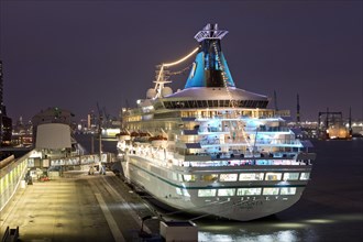 Hamburg Cruise Center Altona with the cruise ship Artania at night