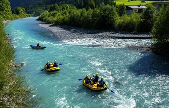Water sportsmen rafting on the Lech in Austria