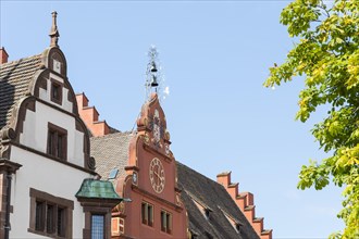 Gables of the New Town Hall and the Old Town Hall with coat of arms