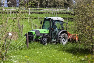Farmer with his tractor at work among the vineyards on the hillside