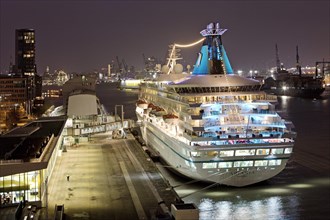 Hamburg Cruise Center Altona with the cruise ship Artania at night