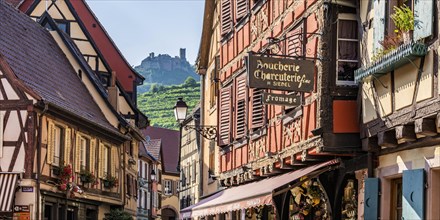 Half-timbered houses in the old town in front of the rock castle of Saint Ulrich