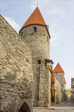 Medieval city fortification with battlements and defence towers