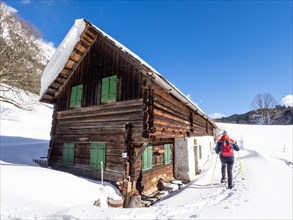 Snowshoe hiker in winter landscape