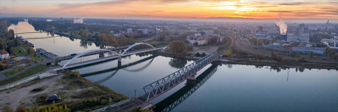 Bridges Bridge over Rhine River between Germany and France Aerial Panorama in Kehl