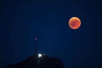 Lunar eclipse above the mountain station of Hohen Kasten