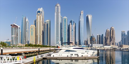Dubai Marina and Harbour Skyline Architecture Luxury Holidays in Arabia with Boat Yacht Panorama in Dubai