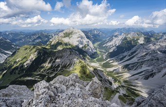 View from the summit of the Lamsenspitze into the Falzthurntal valley with Sonnjoch peak