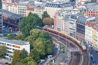 S-Bahn Train on the Stadtbahn near Hackesche Hoefe Panorama City Skyline Aerial Photo in Berlin