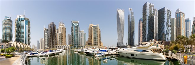Dubai Marina and Harbour Skyline Architecture Luxury Holidays in Arabia with Boats Yacht Panorama in Dubai