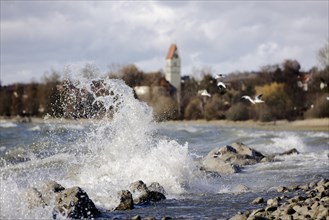 Storm Lolita whips waves against the stony shore in the background Hagnau