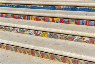 Close-up of colourful stairs with ceramic tiles