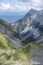 View of mountain basin with Lamsenjochhuette