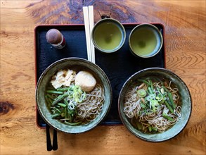 Tray with two portions of traditional Japanese noodle soup and green tea
