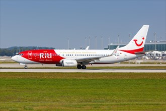 A TUI Boeing 737-800 aircraft with registration D-ATUZ and the special livery RIU Hotels Resorts at Munich Airport