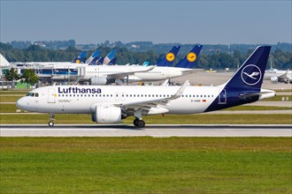 A Lufthansa Airbus A320neo aircraft with the registration D-AINR at Munich Airport