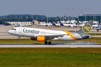 An Airbus A320 aircraft of Condor with registration D-AICG at the airport in Munich