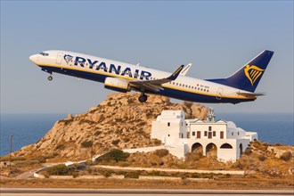 A Ryanair Boeing 737-800 aircraft with registration number 9H-QDQ at Santorini airport