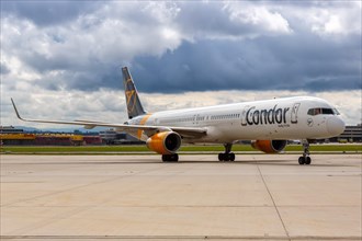 A Boeing 757-300 aircraft of Condor with the registration D-ABOC at the airport in Stuttgart