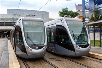 Modern light rail tramway Alstom Citadis trams Public transport at Blagnac Airport in Toulouse