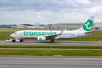 A Transavia Boeing 737-800 aircraft with the registration PH-HSB at the airport in Amsterdam